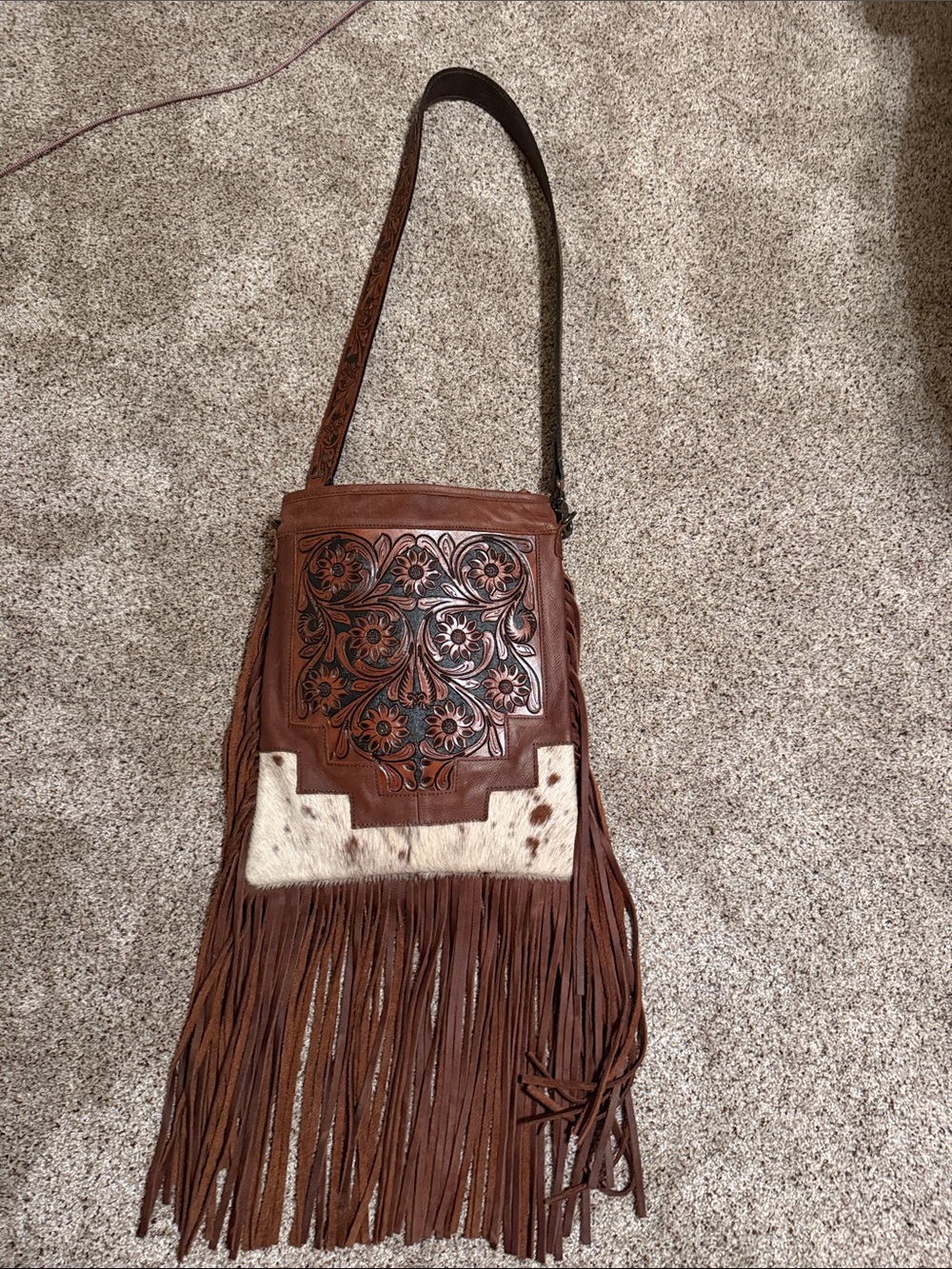 American Darling Brown Tooled Leather Fringe Crossbody with Cowhide Accent